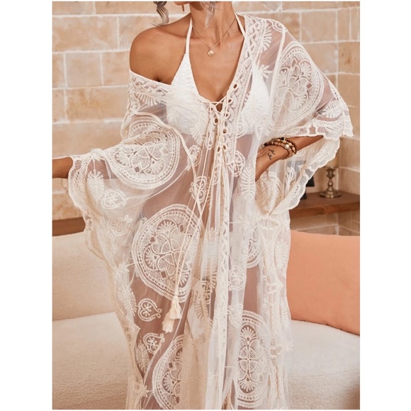 Boho Floral Embroidered Lace Beach Swim Cover up - Picture 1 of 5